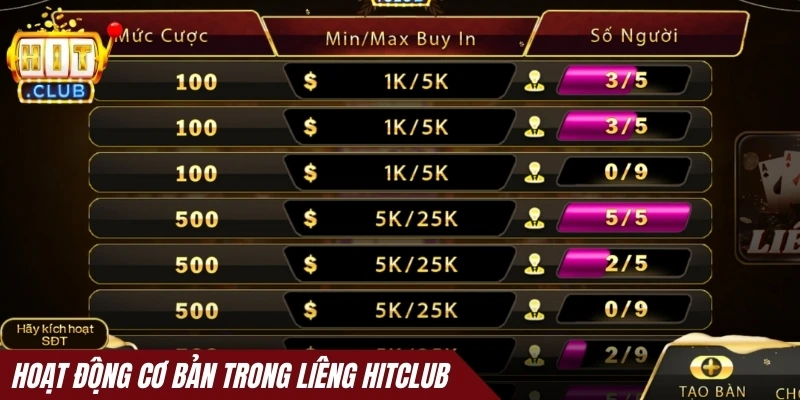 Hoạt động cơ bản trong Liêng Hitclub